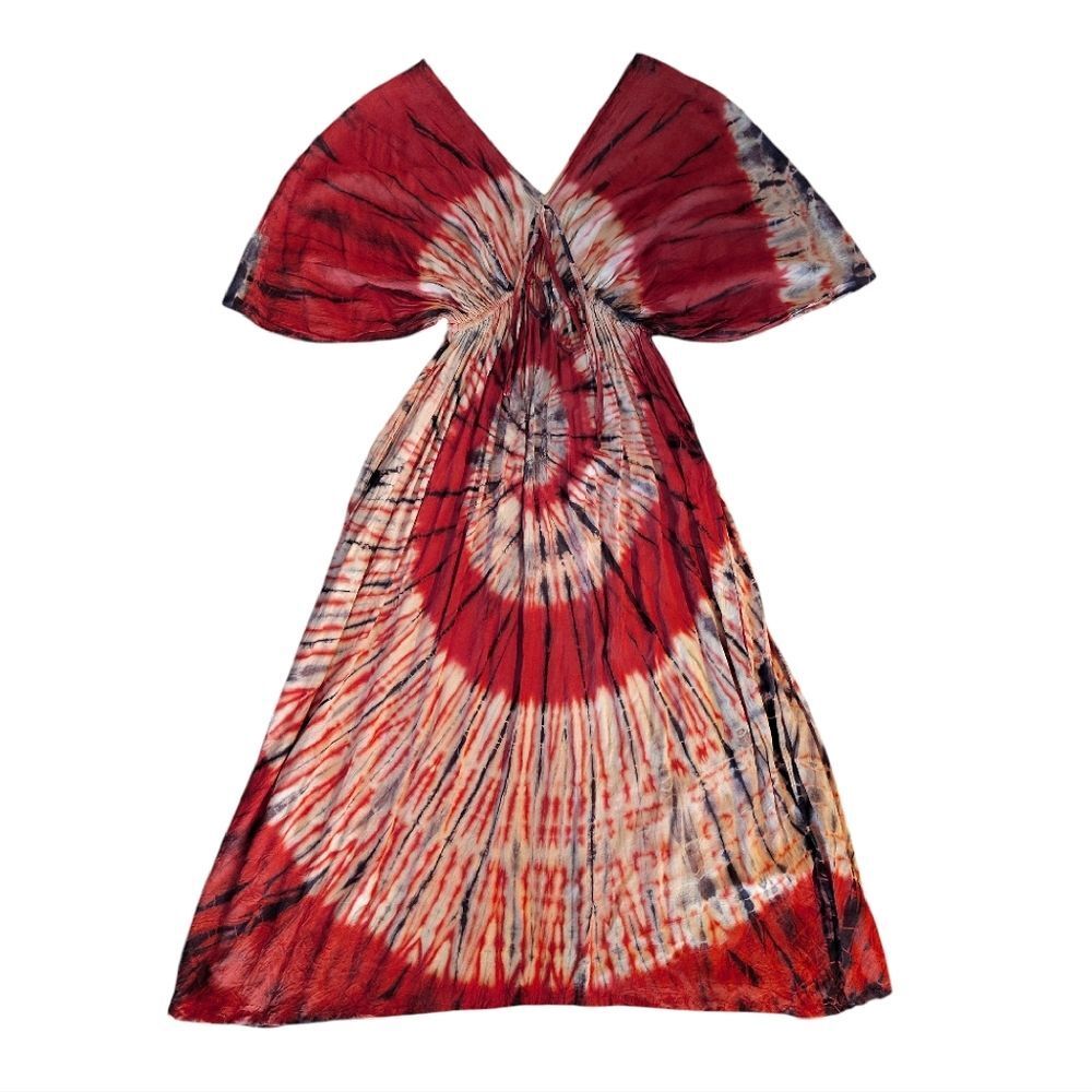 Cotton Tie Dye Boho Kaftan Maxi Dress Beach Cover Up XS- Med Orange Red
